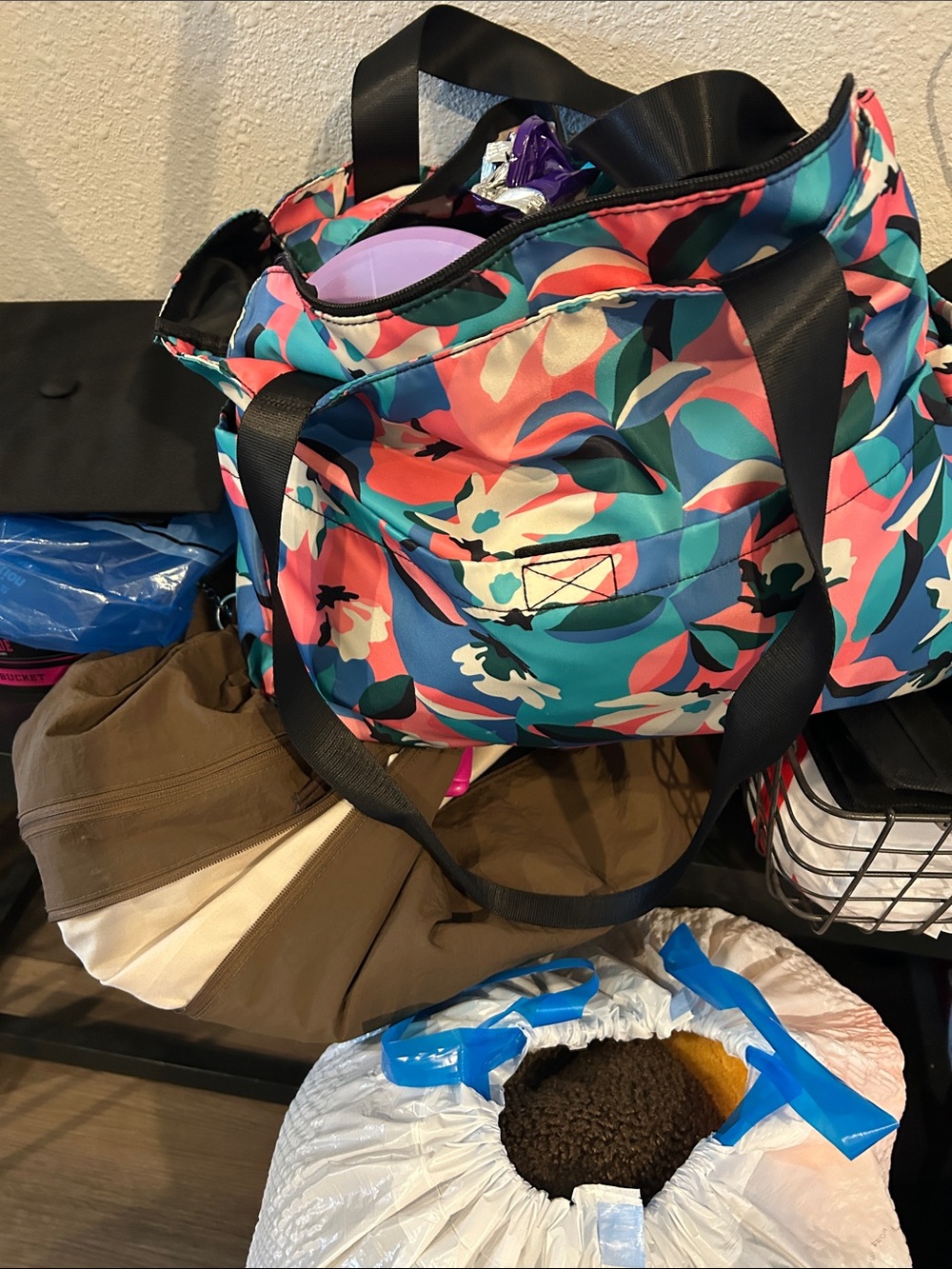 WonderWink Floral Tote — Pink, Teal & Black